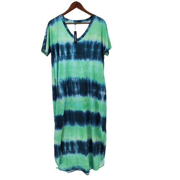 Huskary Dresses & Skirts - NWT Huskary Womens Blue Green Tie-Dyed Maxi Shirt Dress XL V-Neck Short Sleeve